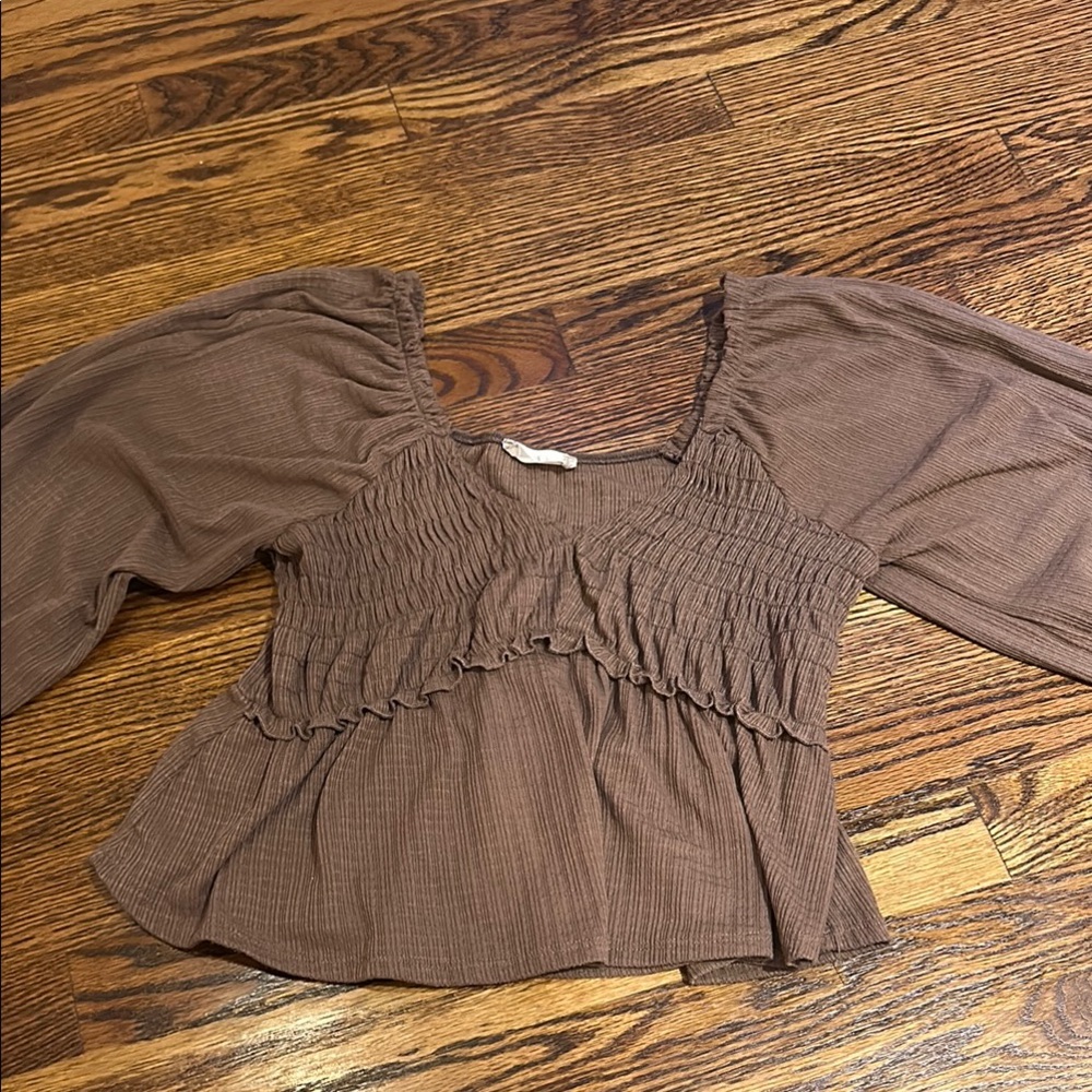 Altar'd State Brown Smocked 3/4 Sleeve Blouse